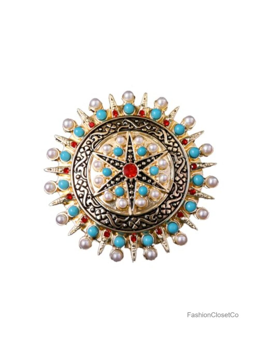 Vintage CZ Crystal Star Disc Brooch Pin Bohemian Metal Pearl Turquoise Collar